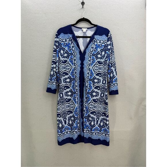 Cache Dress Blue White Print 3/4 Sleeve Sheath Dress Women's XL - Picture 1 of 8
